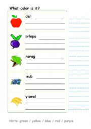 English Worksheet: Unscramble the colors