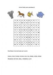 Animal body parts wordsearch