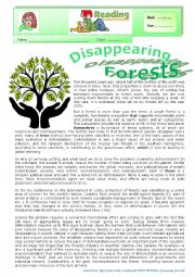 English Worksheet: Disappearing forests - (READING) + varied comprehension ex + KEY  