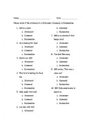 English Worksheet: Types of Sentences: Command, Exclamation, Statement