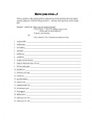 English Worksheet: Present Perfect Conversation Game- Have you ever?