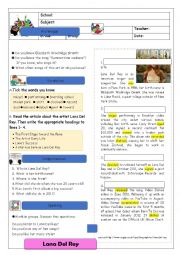 Simple Past Worksheet Full Abilities + Lanas Del Rey Text Comprehension