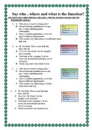 English Worksheet: Guess  who the speakers  are ,where the dialogues happen  and what the function is?(part 2) 