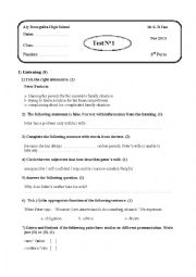 English Worksheet: mid-term Test N1 3rd Form