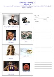 English Worksheet: Pair/groupwork present perfect for/since,celebrities,interaction,communication 