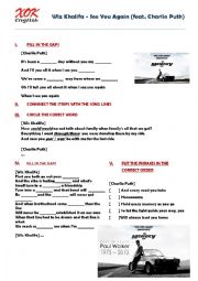 English Worksheet: Wiz Khalifa - See You Again (feat. Charlie Puth)