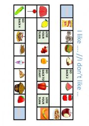 English Worksheet: Board Game: I like.../ I dont like...(food)