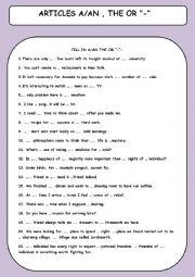 English Worksheet: Articles a/an, the, -