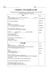 English Worksheet: So such too enough worksheet with rules