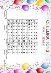 English Worksheet: Celebration word search