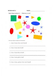 English Worksheet: How many shapes and colors are there?
