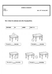 English Worksheet: PREPOSITIONS-SCHOOL OBJECTS AND ALPHABET
