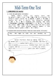 English Worksheet: Mid-term one test (7th form)