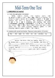 English Worksheet: Mid-term one test (7th form)