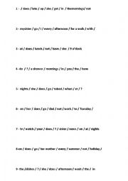 English Worksheet: Present Simple Jumbled Sentences