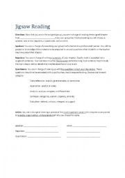 English Worksheet: Jigsaw Reading for novel reading