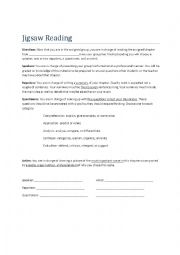 English Worksheet: Jigsaw Reading for novel reading