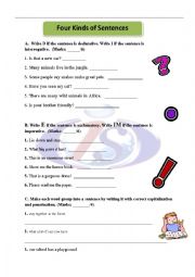 English Worksheet: Grammar Test (Four kinds of Sentences)