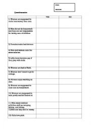 English Worksheet: Gender Sterotypes: Questionnaire about women and men