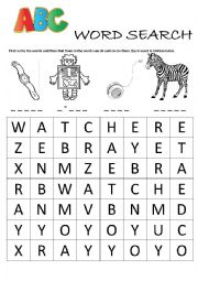 English Worksheet: Alphabet Word Search (W, X, Y, Z)