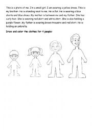 English Worksheet: Review clothes, family and colors words