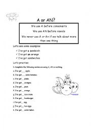 English Worksheet: A, An or nothing