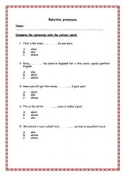 English Worksheet: Relative pronuns
