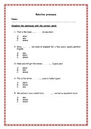 English Worksheet: Relative pronuns
