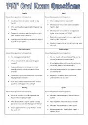 English Worksheet: PET Oral Exam Questions