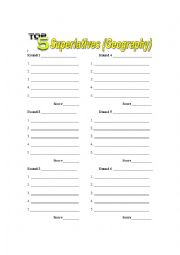 English Worksheet: Top 5 / Family Feud Superlatives Worksheet (also see ppt)