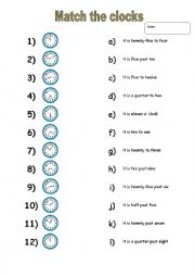 English Worksheet: Match the clocks