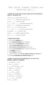 English Worksheet: Test on Present simple / have-has got