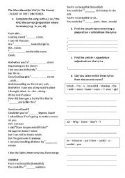 English Worksheet: Song Worksheet: The Most Beautiful Girl (In The Room) by Flight of the Conchords