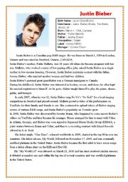 English Worksheet: justin bieber biography