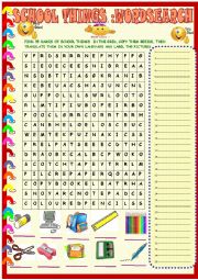 English Worksheet: School things: wordsearch with key