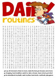 English Worksheet: Wordsearch Series 3- Daily Routines Wordsearch and Other Vocabulary Exercises