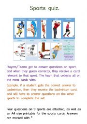 English Worksheet: Sports quiz - collect the cards