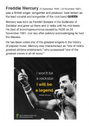 English Worksheet: Freddie Mercury and QUEEN - English with music ROCK