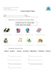 English Worksheet: school subjects and days of the week test