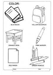 English Worksheet: Colors and school supplies