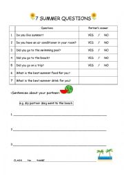 English Worksheet: Seven Summer Questions