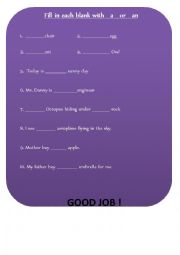 English Worksheet: A or An