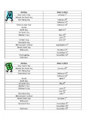 English Worksheet: Holiday Dates Information Gap