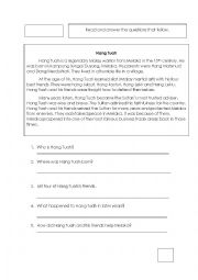 English Worksheet: Reading Comprehension. Answer the following questions. 