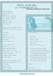 English Worksheet: Aint Nobody by Jasmine Thompson Ft. Felix Jaehn (song worksheet) 