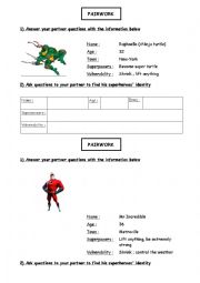 English Worksheet: Superheroes Identity Pairwork / Role Play 1 and abilities (can / cant) 3/3