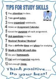 English Worksheet: 12 TIPS FOR STUDY SKILLS