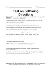 English Worksheet: Following Directions Test