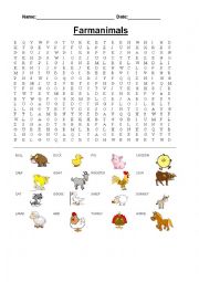 English Worksheet: Farm animals - Wordsearch