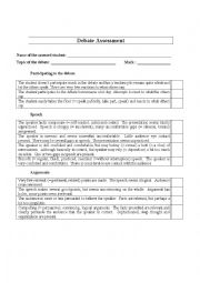 English Worksheet: Debate Assessment